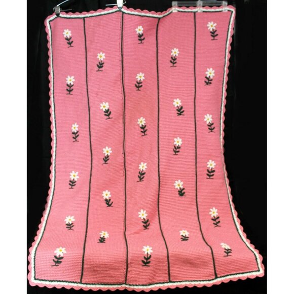 Hand Crochet Pink White Flower Pattern Green Blanket Throw Afghan Over Sized - Picture 3 of 12